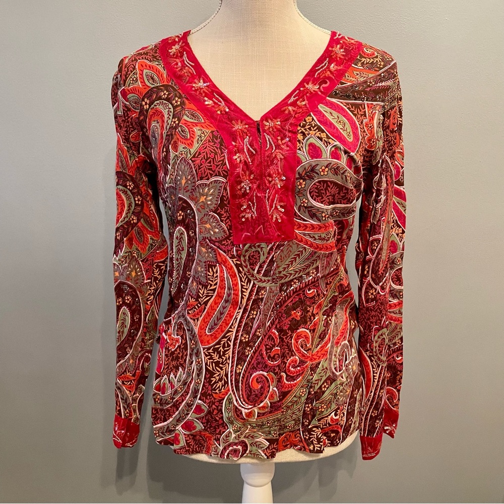 ALC Argyle Paisley Print 100% Rayon Bead Sequin V Neck Long Sleeve Blouse Small